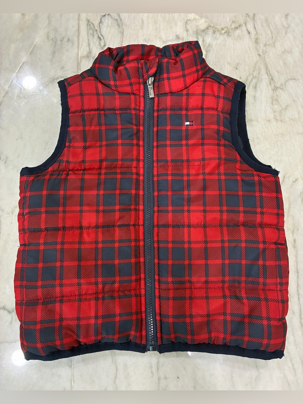 Tommy Hilfiger Red & Navy Plaid Quilted Puffer Vest